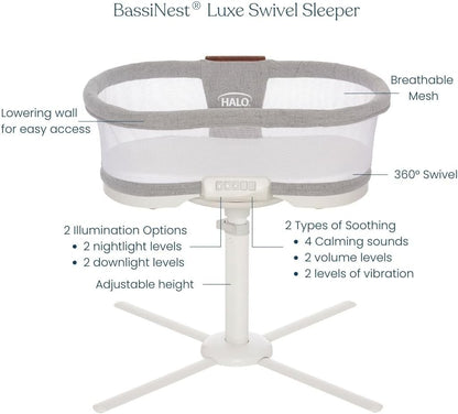 HALO BassiNest Luxe Swivel Sleeper - Over-Bed Baby Bassinet with 360° Rotation, Vibrations, White Noise, and Safe Close-Sleeping Design, Dove Grey Tweed