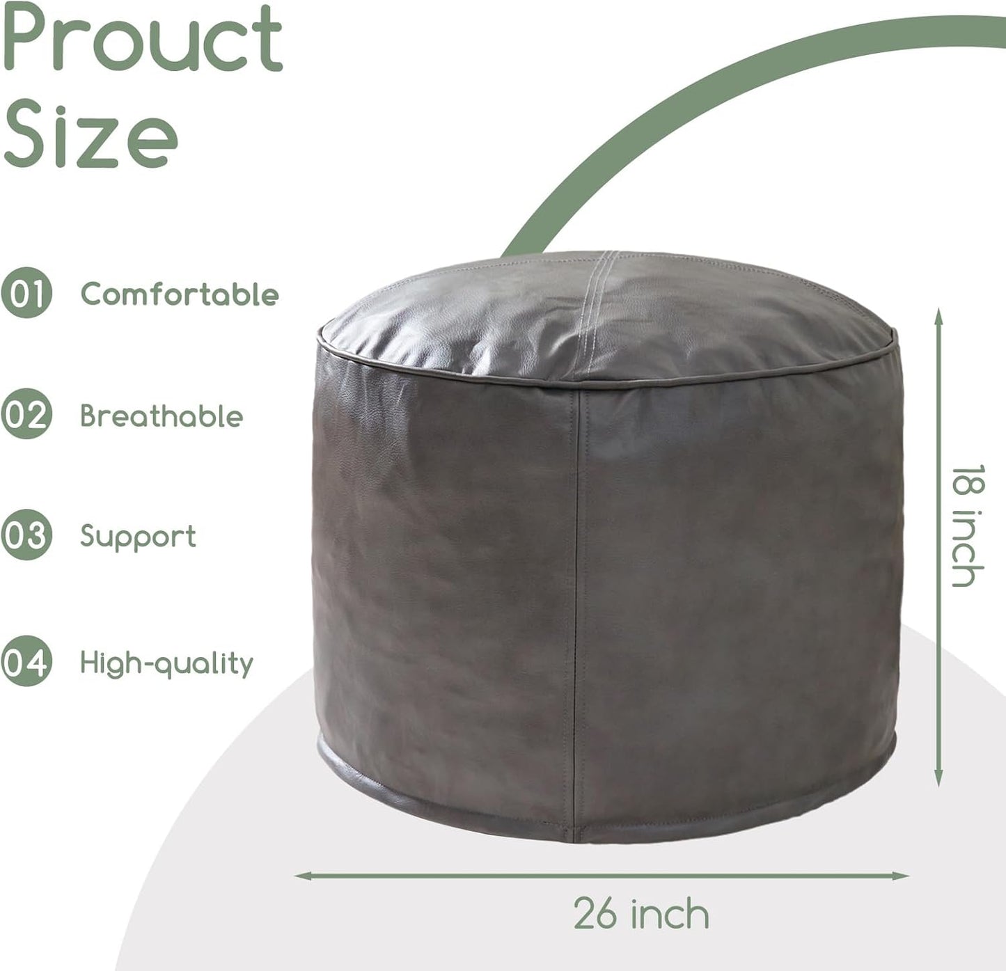 HIGOGOGO Round Stuffed Pouf Ottoman, Pu Leather Poufs with Foam Chunk Filling Foot Stool Storage Ottoman, 26 X 18 Floor Poufs Foot Rest for Living Room, Grey