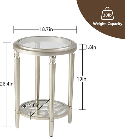 COSIEST Round Side Table, End Table Glass with Wood Frame, Champagne Gold Bedside Table with Modern Style for Living Room, Balcony, Bedroom