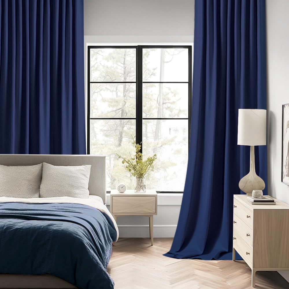 MIULEE Navy Blue Back Tab Blackout Curtain 96 Inch Long 2 Panels Set for Bedroom, Rod Pocket/Pinch Pleat Thermal Insulated Living Room Darkening Pleated Light Blocking Floor to Ceiling Drape