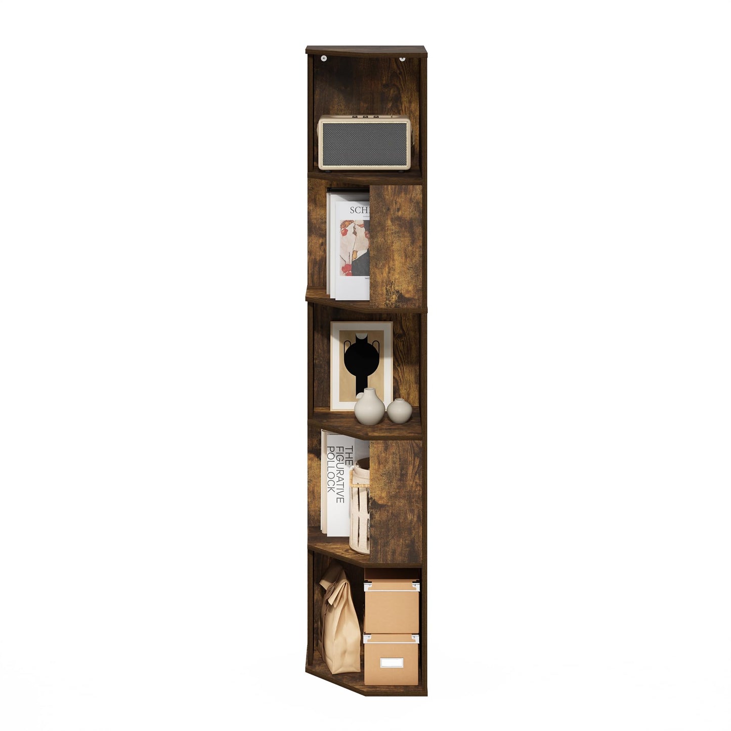 Furinno ECON Corner Shelf, 5-Tier Corner Book Shelf, Standing Storage Shelves, Cube Display Rack