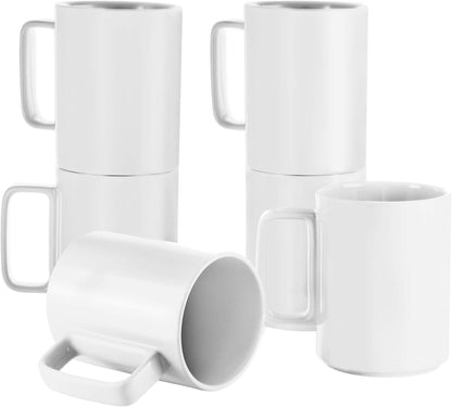 E-liu Porcelain Tea Mugs Coffee Mug Set, Large 15 Ounces Cups for Coffee, Tea, Cocoa, and Mulled Drinks, Set of 6, White