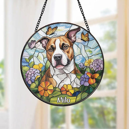 Custom Stained Glass Dog Portrait with Pet Name, Personalized Window Hanging, Pet Loss Memorial Gift, Unique Keepsake Decoration for Dog Lovers