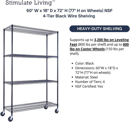60"x18"x72" Prime Heavy Duty Black 4-Tier Wire Shelving NSF 3200 LBS MAX Capacity Storage Rack for Commercial, Hospital, School, Garage, and Kitchen Uses (with Wheels)