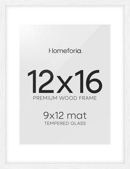 Homeforia 12x16 White Picture Frame, High End Oak 12x16 Wood Poster Frames with Mat 9x12 Print, 12 x 16 White Wooden Frame Matted to 9 by 12 Photo, 16x12 Thin Frame, Tempered Glass, Wall Kit, Set of 1