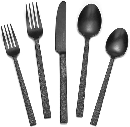 KINGSTONE 60 Pcs Black Hammered Silverware Set for 12, 18/10 Stainless Steel Heavy Duty Flatware Set, Tableware Cutlery Utensil Sets for Home Restaurant Dishwasher Safe