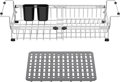 GSlife Expandable Sink Dish Drying Rack - Stainless Steel Capacity Adjustable Over The Sink Dish Rack (13.4''-20.4'') with Sink Mat and Utensil Holder, Silver