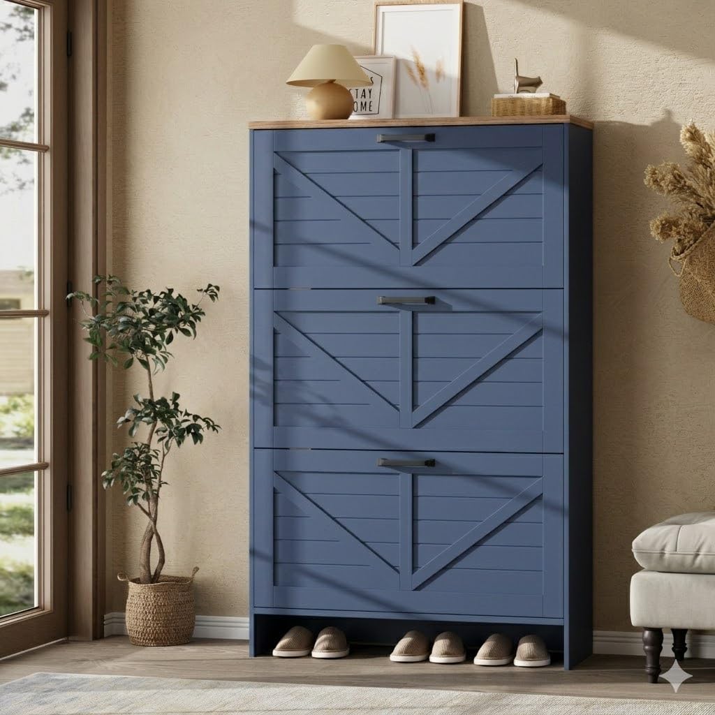 Nicetree Farmhouse Blue Shoe Cabinet – Ultra Slim 3-Drawer Flip Organizer with Shaker Barn Door
