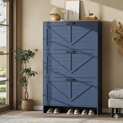 Nicetree Farmhouse Blue Shoe Cabinet – Ultra Slim 3-Drawer Flip Organizer with Shaker Barn Door