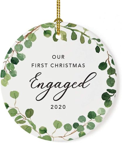 Andaz Press Custom Year Round Ceramic Porcelain Christmas Tree Ornament Keepsake Collectible Gift, Our First Christmas Engaged 2025, Farmhouse Eucalyptus Wreath, 1-PackCouple