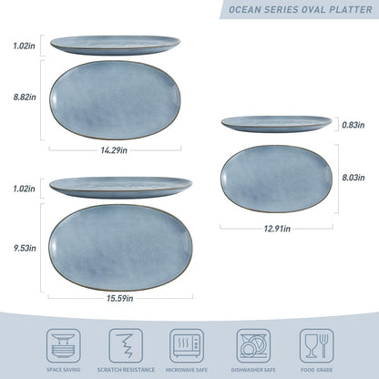 famiware Serving Platter, Oval 15.59/14.3/12.9inch Serving Dishes for Entertaining, Serving Bowls, Reactive Glaze, Stoneware Serving Trays for Party, Food, Turkey, Cheese, Ocean Series, Blue
