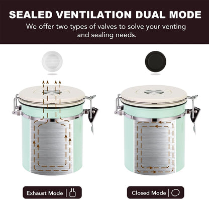 ShanSon Coffee Canister Airtight Coffee Container Stainless Steel Coffee Bean Storage Container with CO2 Release Valve and Scoop Coffee Canister for Beans,Grounds,Sugar,Flour,Tea,Cereal,11OZ,Green