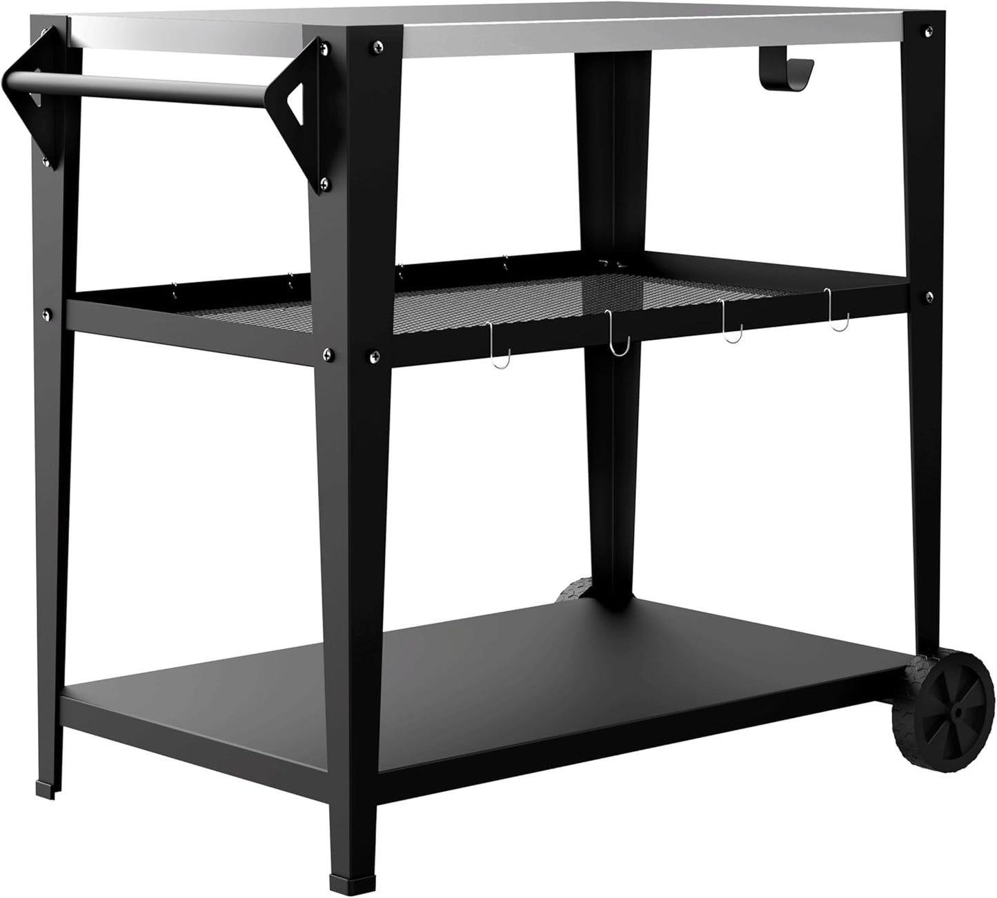 3-Shelf Outdoor Grill Table & Pizza Oven Cart with Wheels, Stainless Steel BBQ Prep Table with Hooks, Mobile Grill Stand for Blackstone/Ooni (Stainless Steel)