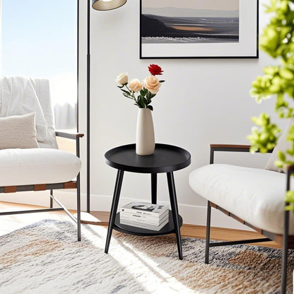 Small Round Side Table, 2-Tier Mid Century Modern Side Table, Round End Table Small Side Table for Living Room, Metal Frames, Black