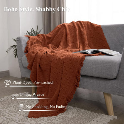 Simple&Opulence 100% Cotton Throw Blanket for Bed, Couch, Boho Luxury Geometric Woven Blanket with Tassels Soft Lightweight Cozy Breathable, Vintage Farmhouse Decoration for All-Season(Rust Orange)
