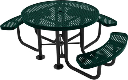 Heavy-Duty Portable Outdoor Picnic Table with Umbrella Hole, Punched Steel Patio Dining Furniture Made in America (46" Round Top, Dark Green)
