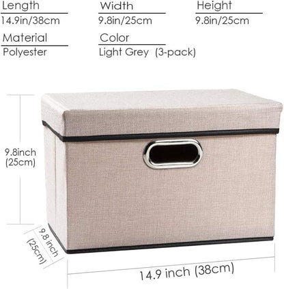 PRANDOM Foldable Storage Bin with Lid [3-Pack] Linen Fabric Decorative Storage Box Organizer Container Basket Cube with Handles Divider for Closet Office Living Room Light Grey(14.9x9.8x9.8)