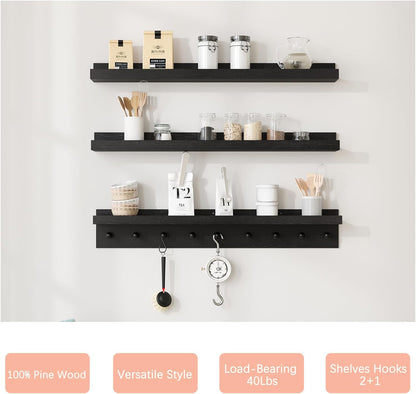 MBYD Black Picture Ledge Shelf with Hooks, 24 Inch Floating Book Shelves Kids Room, Wall Mounted Nursery Bookshelves, Hanging Bookshelf for Bedroom, Living Room, Kitchen, Bathroom Set of 3