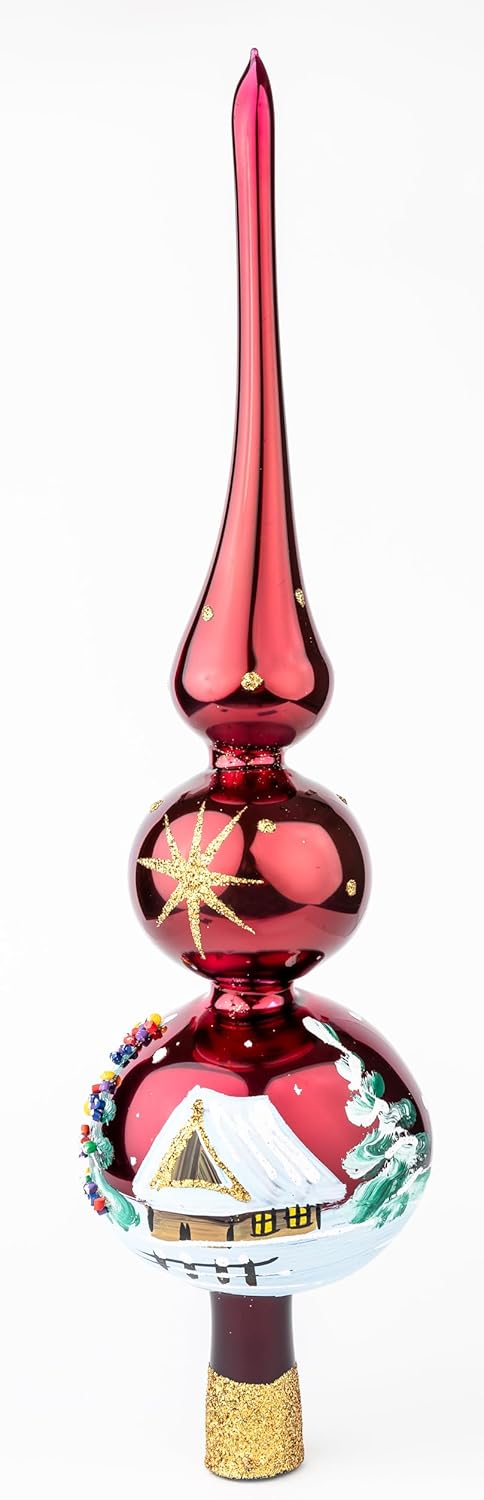 Christmas Tree Topper Spitz Glass Mouth Blown Hand-Decorated Embellishments (Burgundy, 12 inch)