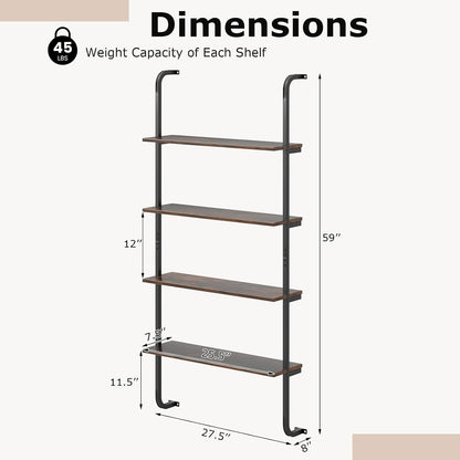 Giantex 4-Tier Industrial Bookshelf Set of 2, Wall Mounted Pipe Shelving Unit, Floating Shelves with Metal Frame, Hanging Wall Display Shelf, Wood Ladder Bookshelf for Living Room,Kitchen,Rustic Brown