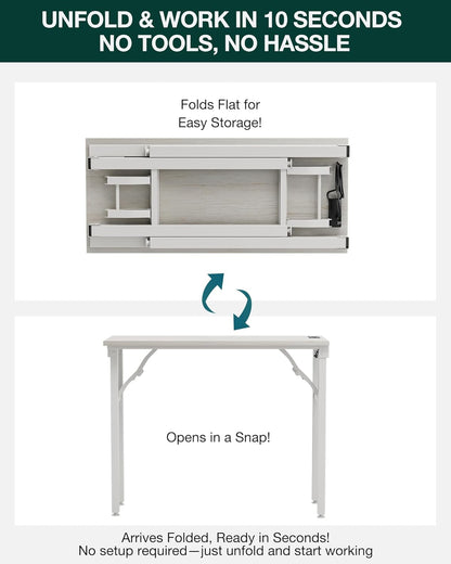 Frylr Small Folding Computer Desk – 35.8 Inch Portable Table for Craft and Study, Lightweight Desk for Small Spaces, Foldable Laptop Table Built-in AC/USB Outlets for Convenience, White Ash
