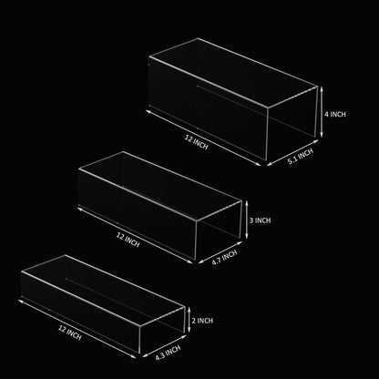 Clear Riser Display Shelf 3pcs, Desktop Rectangular Acrylic Display Shelves Storage Organizer, Acrylic Stands for Funko Pop Figure, Bags, Shoes, Spice Jars, Skincare, Cosmetics - 12-2'', 3'',