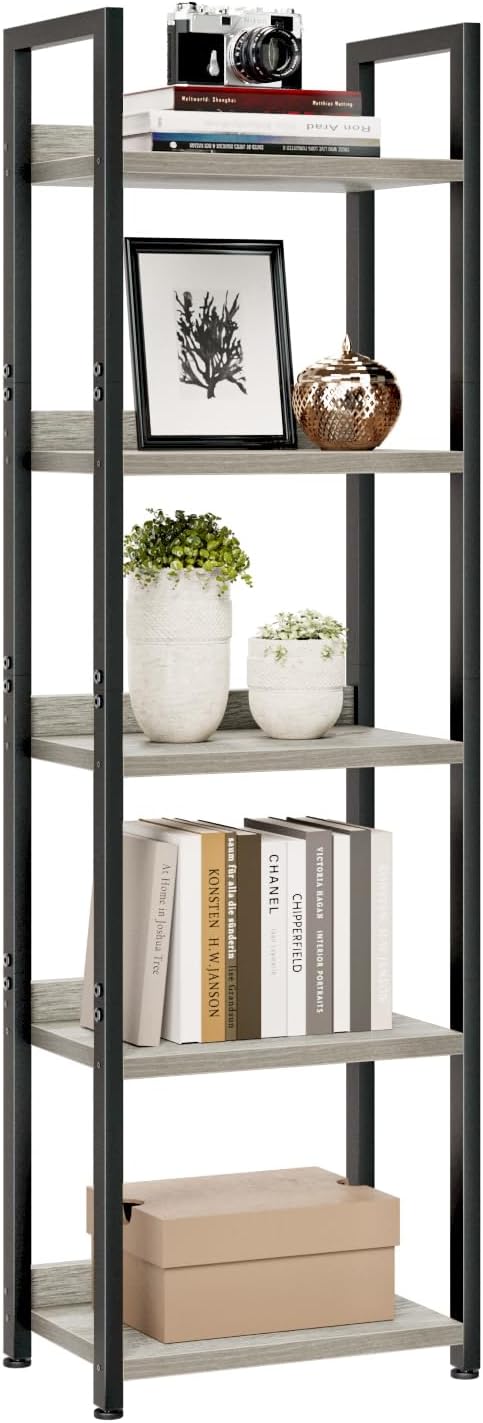 NUMENN Narrow Bookshelf, 5 Tier Bookshelves, Home Office Bookcase Shelf Storage Organizer, Free Standing Storage Shelving Unit for Bedroom, Living Room and Home Office, Grey