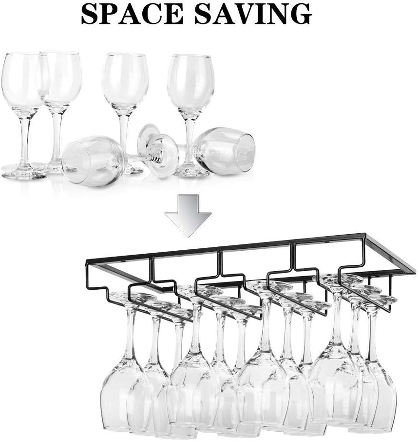 Wine Glass Rack Under Cabinet - Stemware Holder Metal Wine Glass Organizer Glasses Storage Hanger for Bar Kitchen Black 4 Rows