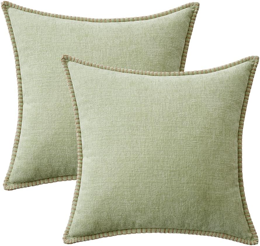 MIULEE Pack of 2 Couch Throw Pillow Covers 16x16 Inch Light Green Farmhouse Decorative Pillow Covers with Stitched Edge Soft Chenille Solid Dyed Spring Pillow Covers for Sofa Bed Living Room