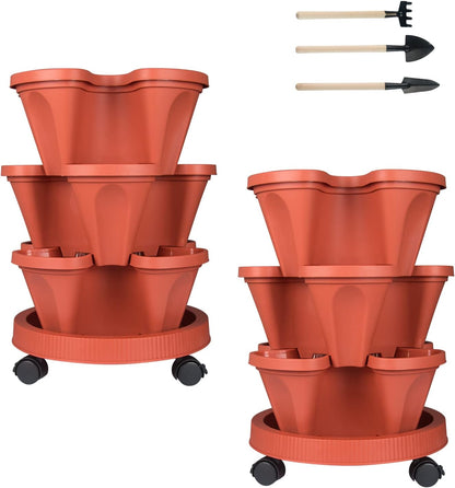 Vertical Planter 3 Tier Stackable Planters Garden Planters Strawberry Herb Flower and Vegetable Planter Indoor Outdoor Gardening Pots with Removable Wheels and Tools 2-Pack