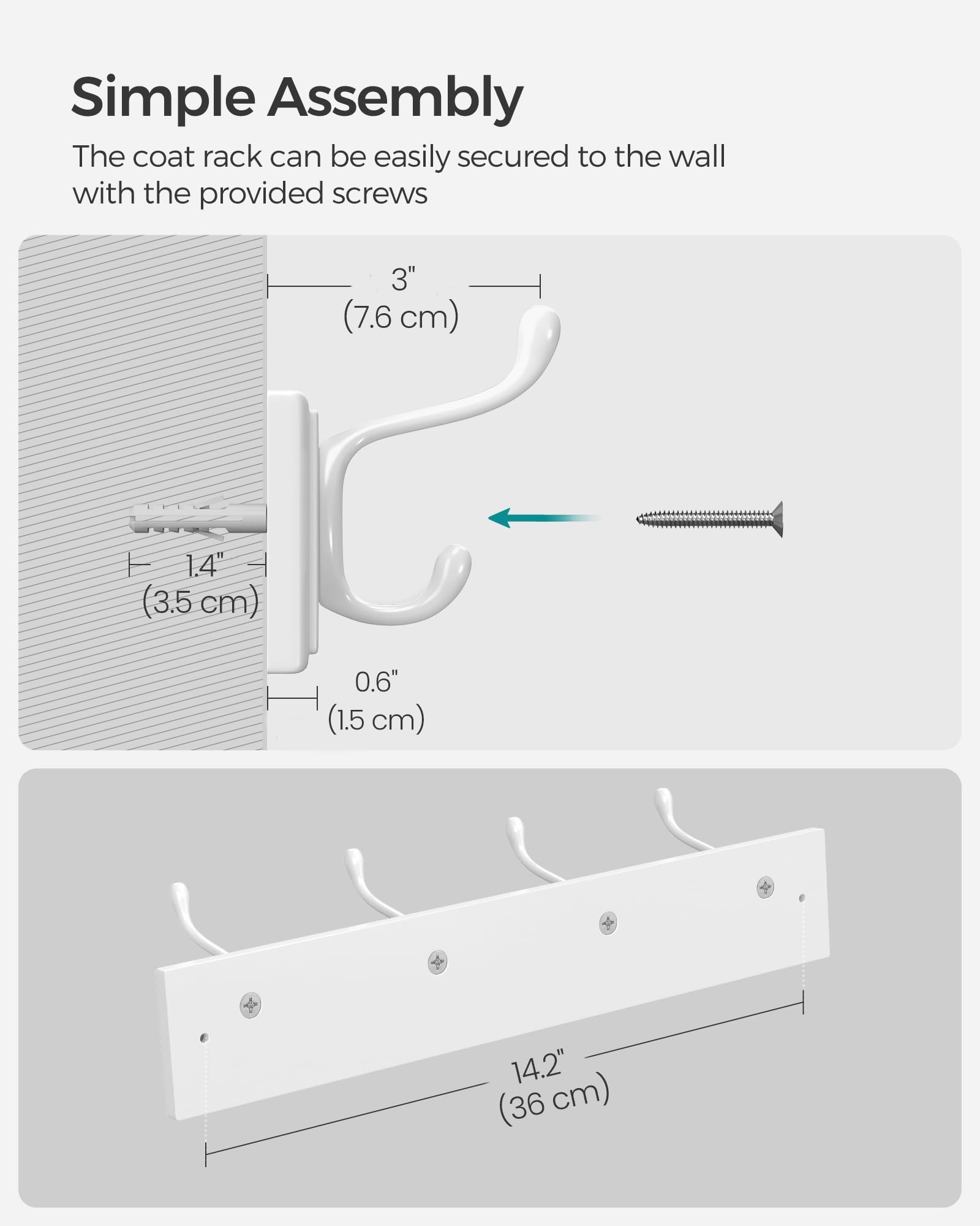 SONGMICS Wall-Mounted Coat Rack, Hook Rack, 8 Dual Metal Hooks, White