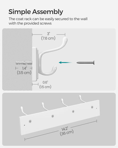 SONGMICS Wall-Mounted Coat Rack, Hook Rack, 8 Dual Metal Hooks, White