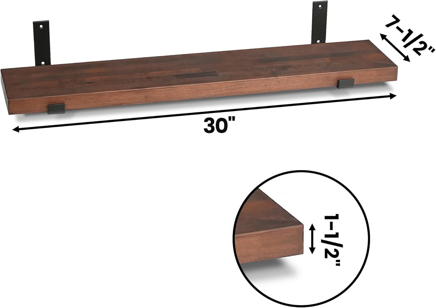 CONSDAN Floating Shelves for Wall Mounted Book Shelf Hanging Shelves Floating Bookshelf for Bedroom, Bathroom, Living Room, Kitchen USA Grown Solid Hardwood, Dark Maple 30x7.5x1.5 in (Set of 3)