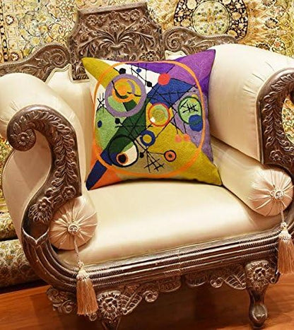Kandinsky Contemporary Throw Pillow Cover - Circles 2 Modern Pillowcases Mid-Century Abstract Toss Cushion Farmhouse Chair Cushions Hand Embroidered Wool 18x18 Inch