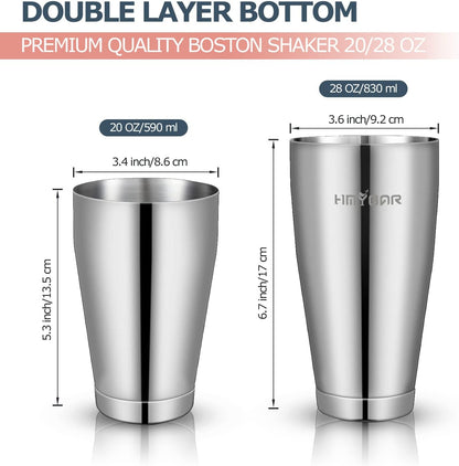 HMYBAR® Mixology Bartender kit | Cocktail Shaker Set | Boston Shaker Set, 20/28 OZ | Martini Making Set for Home Bar.Total 31 pcs incl 39-Recipe Cocktail Cards. Silver Tools. Bamb Stand Natural Color