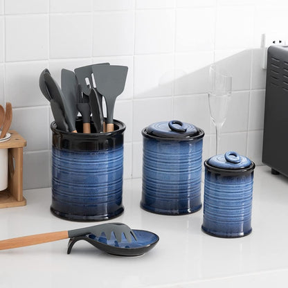 Nihow Food Storage Jar Sets: Ceramic Container with Air Tight Lid for Flour/Sugar/Rice/Coffee/Cookies/Candy - Seal Damp-proof Canister for The Kitchen Counter - Set of 4 （Blue & Black）