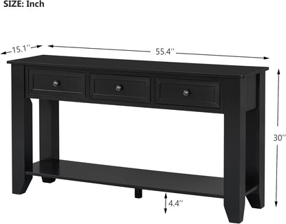Farmhouse Modern Console Table 55.4-Inch Entryway Sofa Table with Drawers & Storage Shelf for Living Room Hallway Entrance, Black