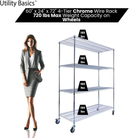 60"x24"x72" PREMIUM METAL STEEL 4-Tier Wire Shelving NSF 3200 LBS MAX Capacity Heavy Duty Storage Rack for Hospitals, Schools, Commercial Spaces, and Garages w/PREMIUM Wheels