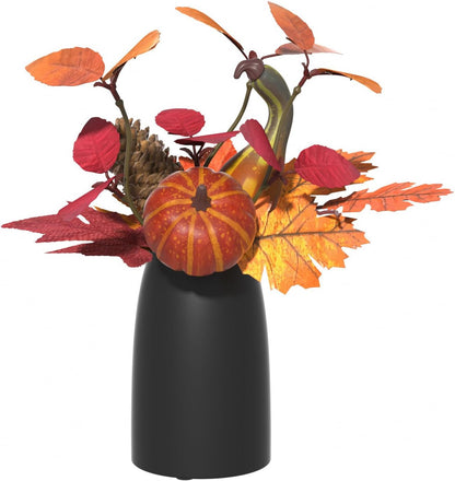 Autumn Artificial Potted Plant Decorations, Maple Leaves, Pinecones, Pumpkins with Black Ceramic Vase for Home,Thankgiving Table Decoration