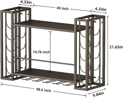 Wall Mounted Wine Rack, Wine Rack Wall Mounted with Wine Glass Rack, 2-Tier Multi-Functional Shelf for Home Restaurant Bar Storage Rack,Black (40”W x 9.8”D x 21.65”H)