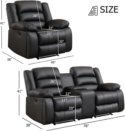 EBELLO Faux Leather Manual Reclining Sofa Set, Recliner Chair, Loveseat, Black