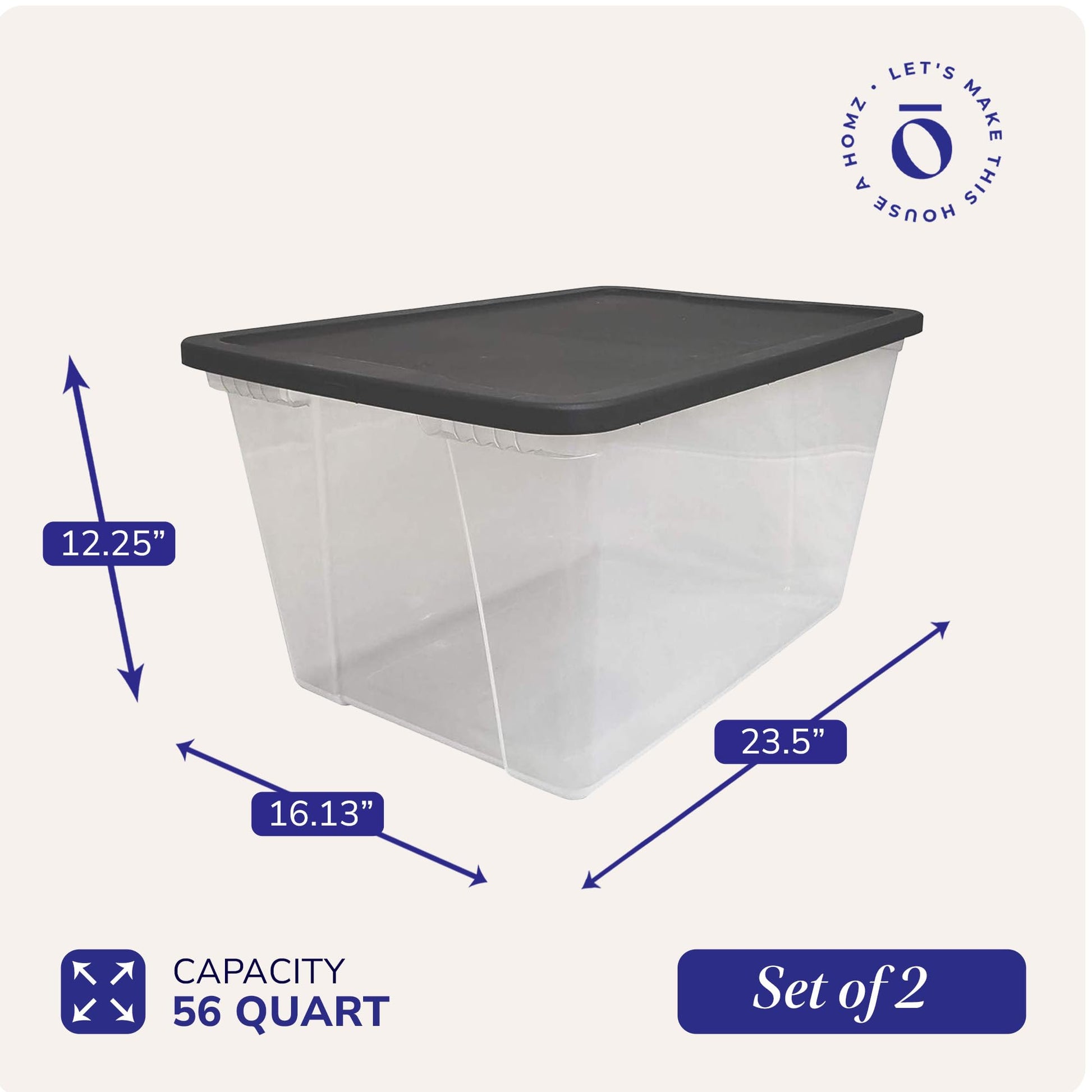 HOMZ 2-Pack Snaplock, Large Clear Plastic Storage Organizer Bins w/Lids, 56 Quart, Gray - Stackable