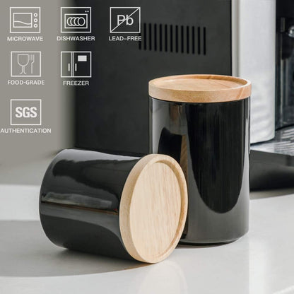Sweejar Kitchen Canisters Ceramic Food Storage Jar, Stackable Containers with Airtight Seal Wooden Lid for Serving Ground Coffee, Tea, Sugar, Salt and More - 28 Fl Oz (Black)