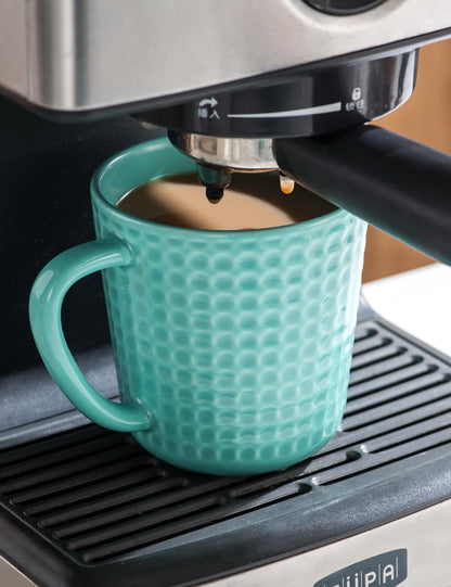Ceramic Coffee Mugs 15 oz, Large Waffle Embossed Mug Set with Handle, Unique Coffee Cups for Latte, Cappuccino, Cocoa, Hot Tea, Mocha, Milk, Housewarming Wedding Present - Set of 6 (Turquoise)
