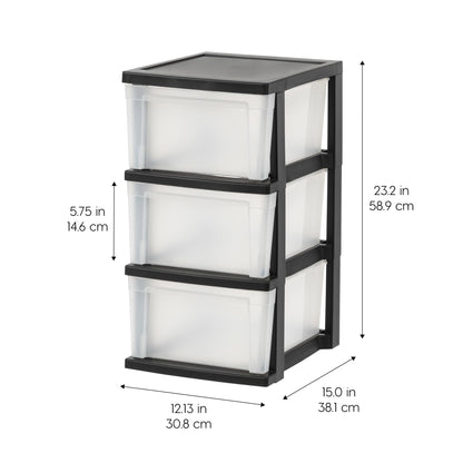 IRIS USA 3-Drawer Slim Narrow Storage Organizer, 2-Pack, Black/Clear