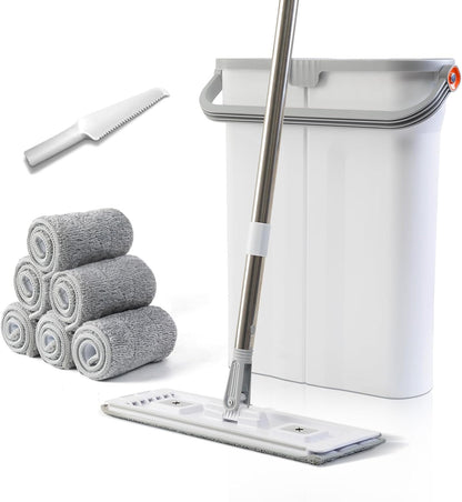 Mop and Bucket Set with Wringer Flat Mop Bucket System for Home Floor Cleaning,6 Reusable Microfiber Pads,Extended Stainless Steel Handle,Ideal for Hardwood,Wood,Laminate Floors,and Bathroom Mop