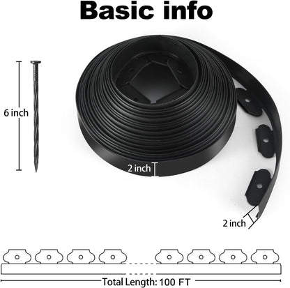 LINSHRY 100 FT Landscape Edging, 2 in.Tall No Dig Garden Edging Border with 120 Spikes, Flexible Plastic Lawn Edging for Landscaping Flower Bed, Grass, Yard