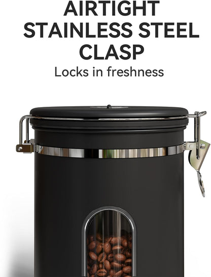 Veken Coffee Canister with Window,Airtight Stainless Steel Container,Home Kitchen Food Storage Organizers for Grounds,Beans,Espresso,Rice,Tea,Sugar,Flour, Cereal,Scoop,Bar Accessories,Gifts,22OZ,Black