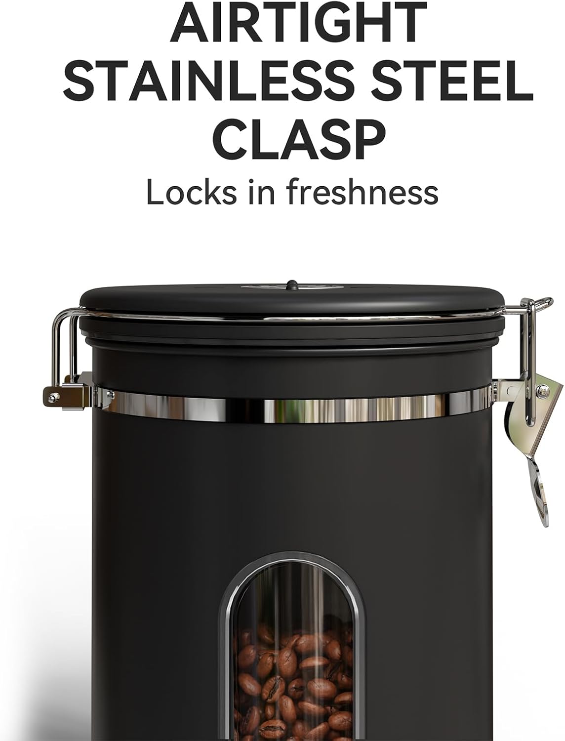 Coffee Canister Set 16 + 22 + 38 oz with Window, Airtight Stainless Steel Kitchen Food Storage Container with Date Tracker and Scoop for Grounds Coffee, Beans, Tea, Flour, Cereal, Sugar, Black