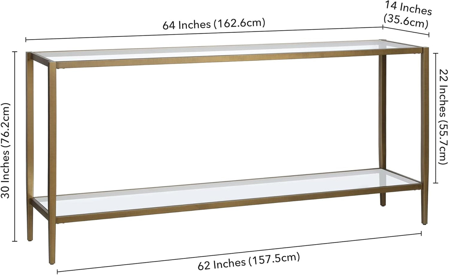 Henn&Hart 64" Wide Rectangular Console Table with Glass Shelf in Brushed Brass, Entryway Table, Accent Table for Living Room, Hallway